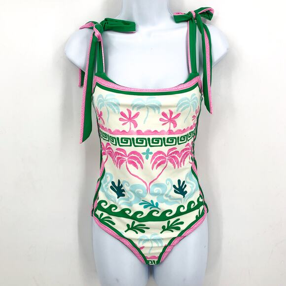 BEACH RIOT Women Shona One Piece Swimsuit Medium White Tropical Palm Tie NWT - Picture 5 of 13